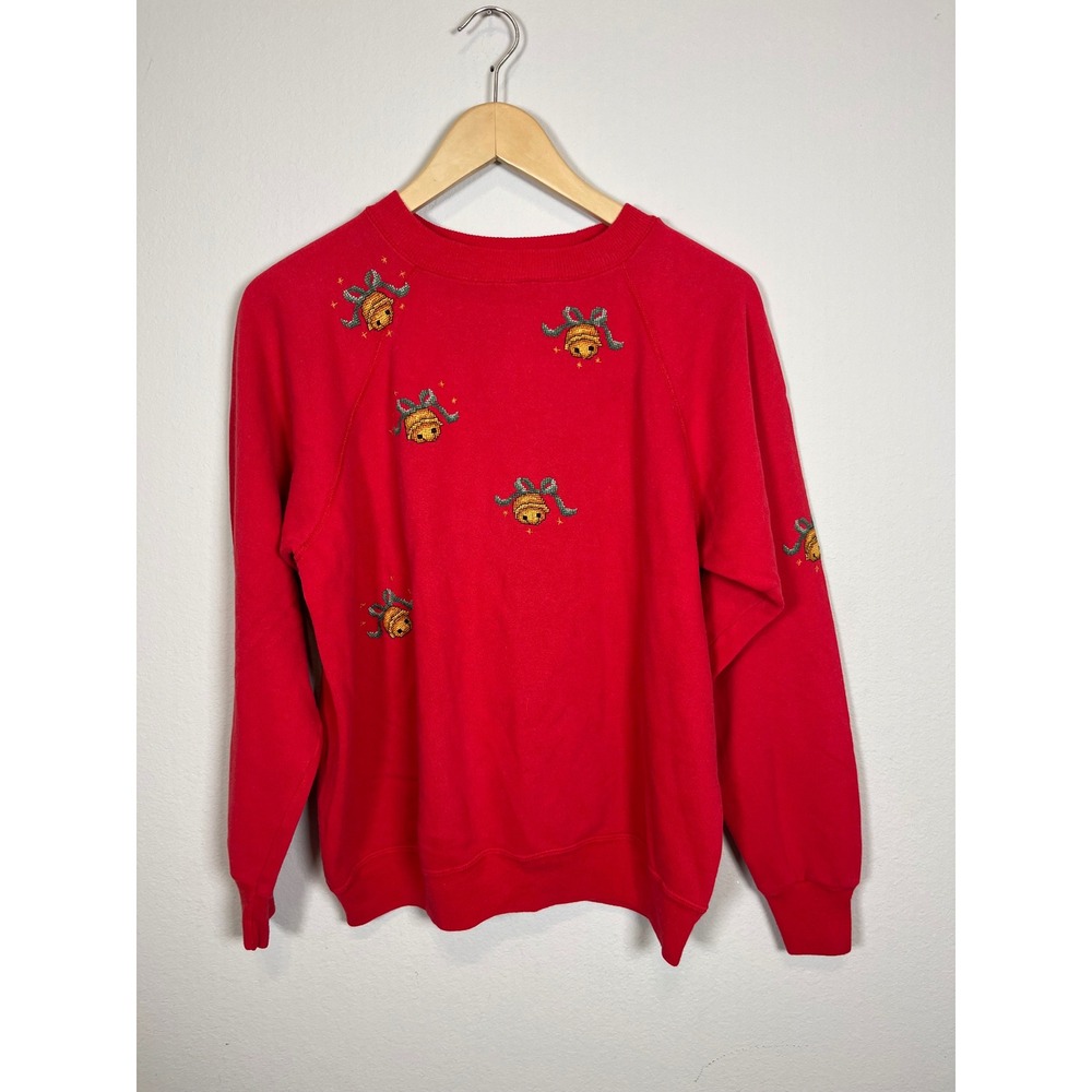 Vintage Hanes Her Way Christmas Bells Embroidered Sweatshirt Red Large USA Made